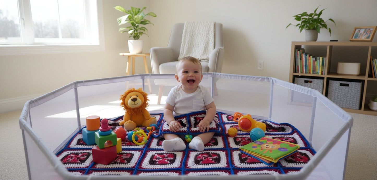 Handmade Granny Square hand crochet of Mix's Red, Whites, and Blue Border Baby Blanket