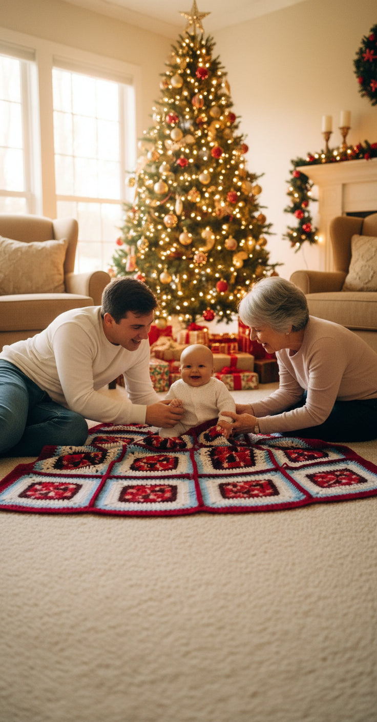 Handmade Granny Square hand crochet of Mix Red, Whites, Light Blue and Red Border Baby Blanket