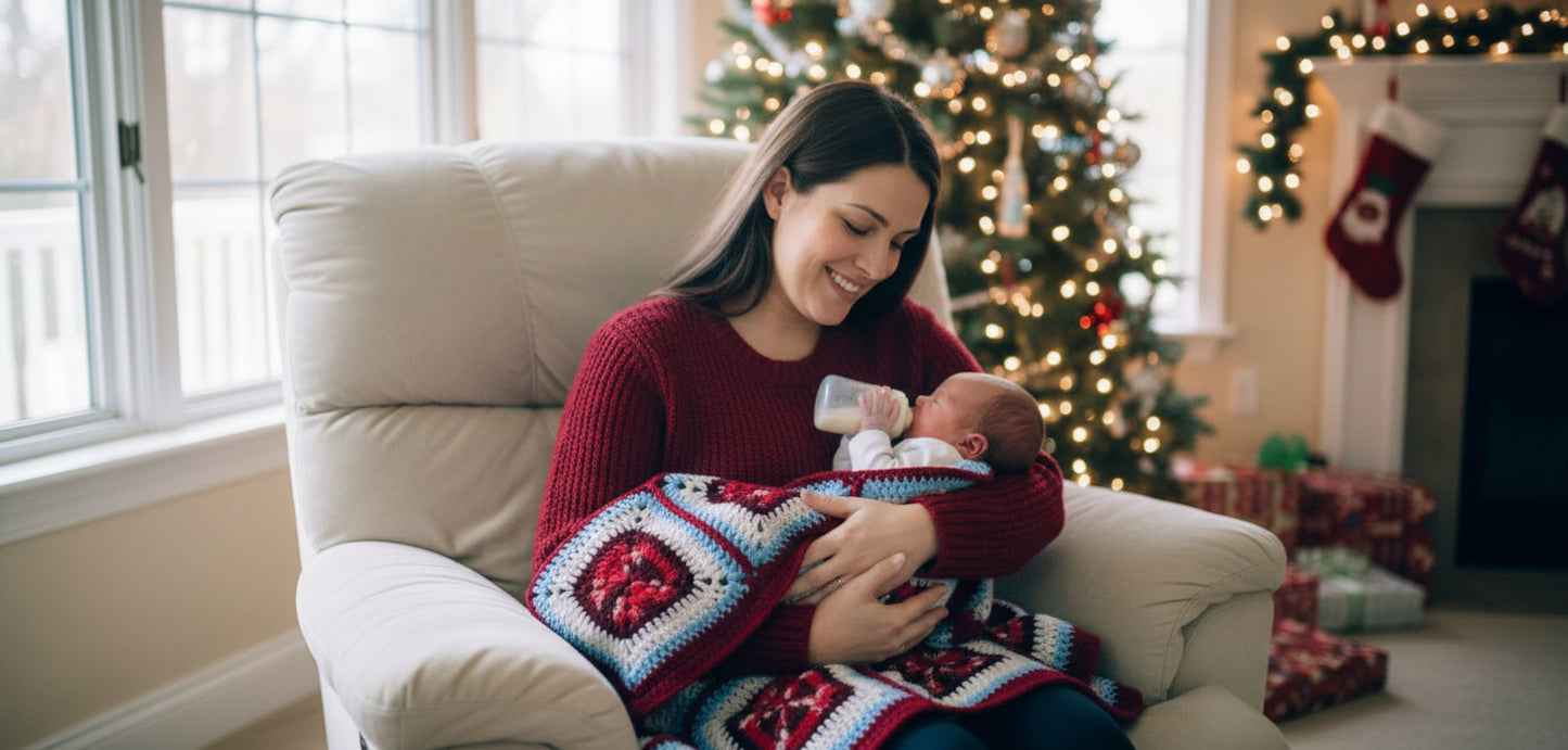 Handmade Granny Square hand crochet of Mix Red, Whites, Light Blue and Red Border Baby Blanket