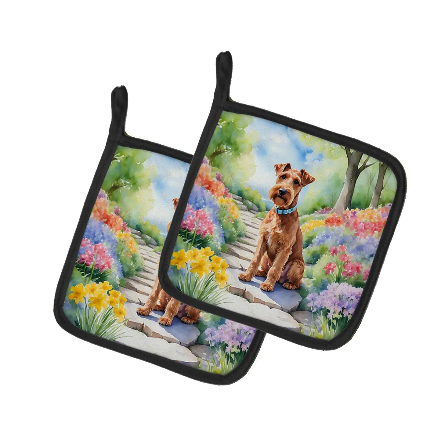 Irish Terrier Spring Path Pair of Pot Holders