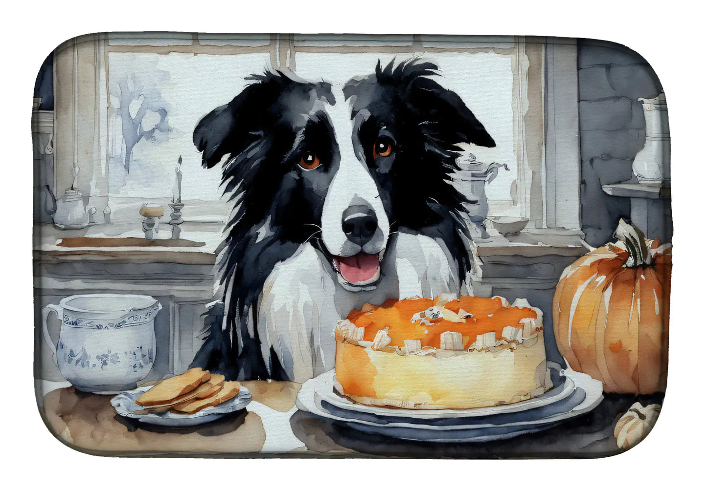 Border Collie Fall Kitchen Pumpkins Dish Drying Mat