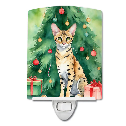 Savannah Cat By the Christmas Tree Ceramic Night Light