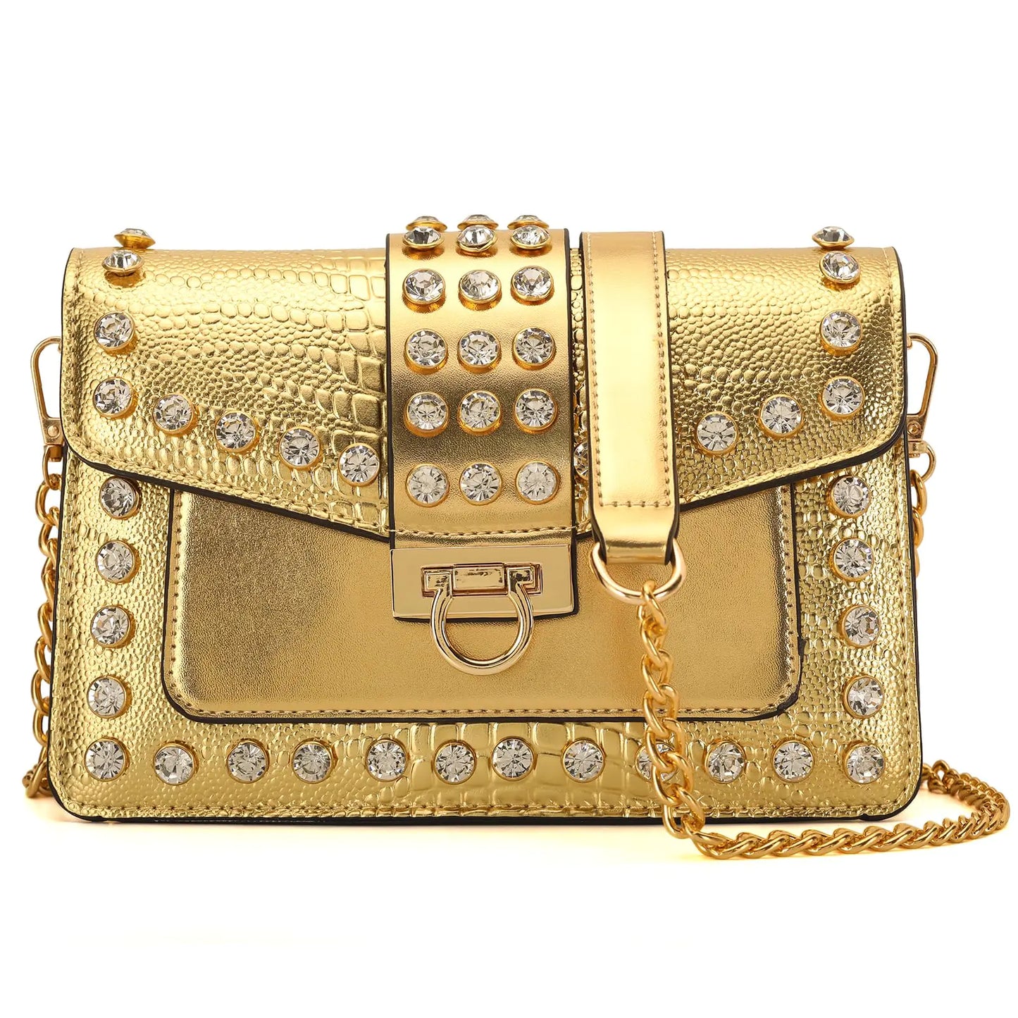 DIUY Purse Trendy Leather Shoulder Chain Crossbody Bags Vintage Crocodile Print Satchel Handbag for Women Golden