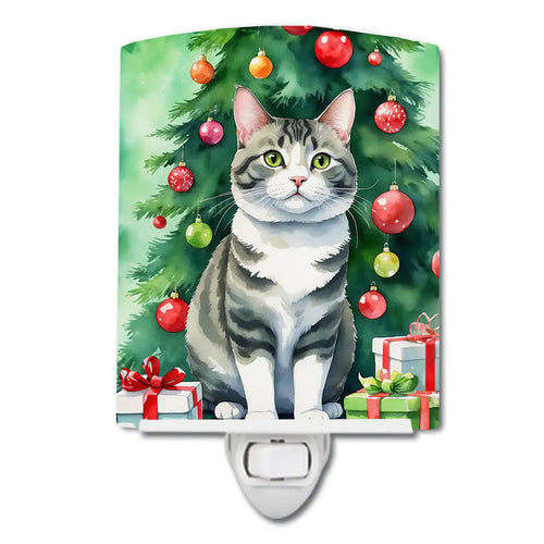 Korean Bobtail Cat By the Christmas Tree Ceramic Night Light