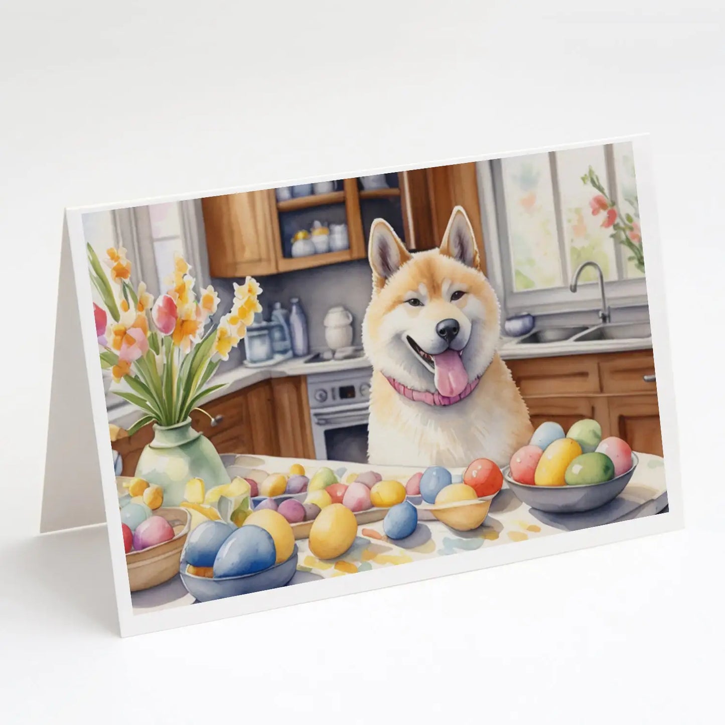 Decorating Easter Akita Greeting Cards Pack of 8