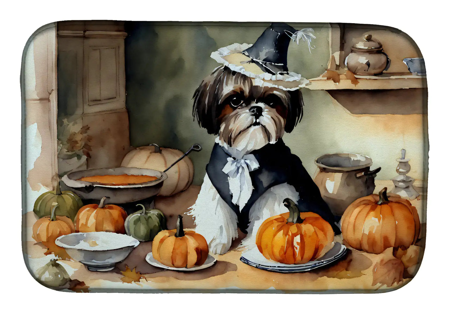 Shih Tzu Fall Kitchen Pumpkins Dish Drying Mat