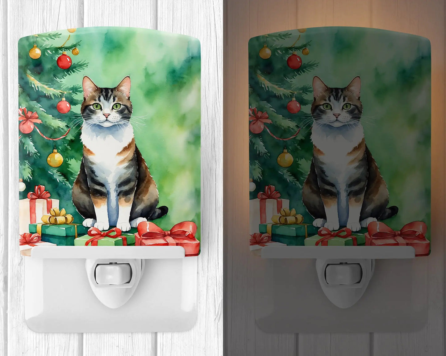 Manx Cat By the Christmas Tree Ceramic Night Light