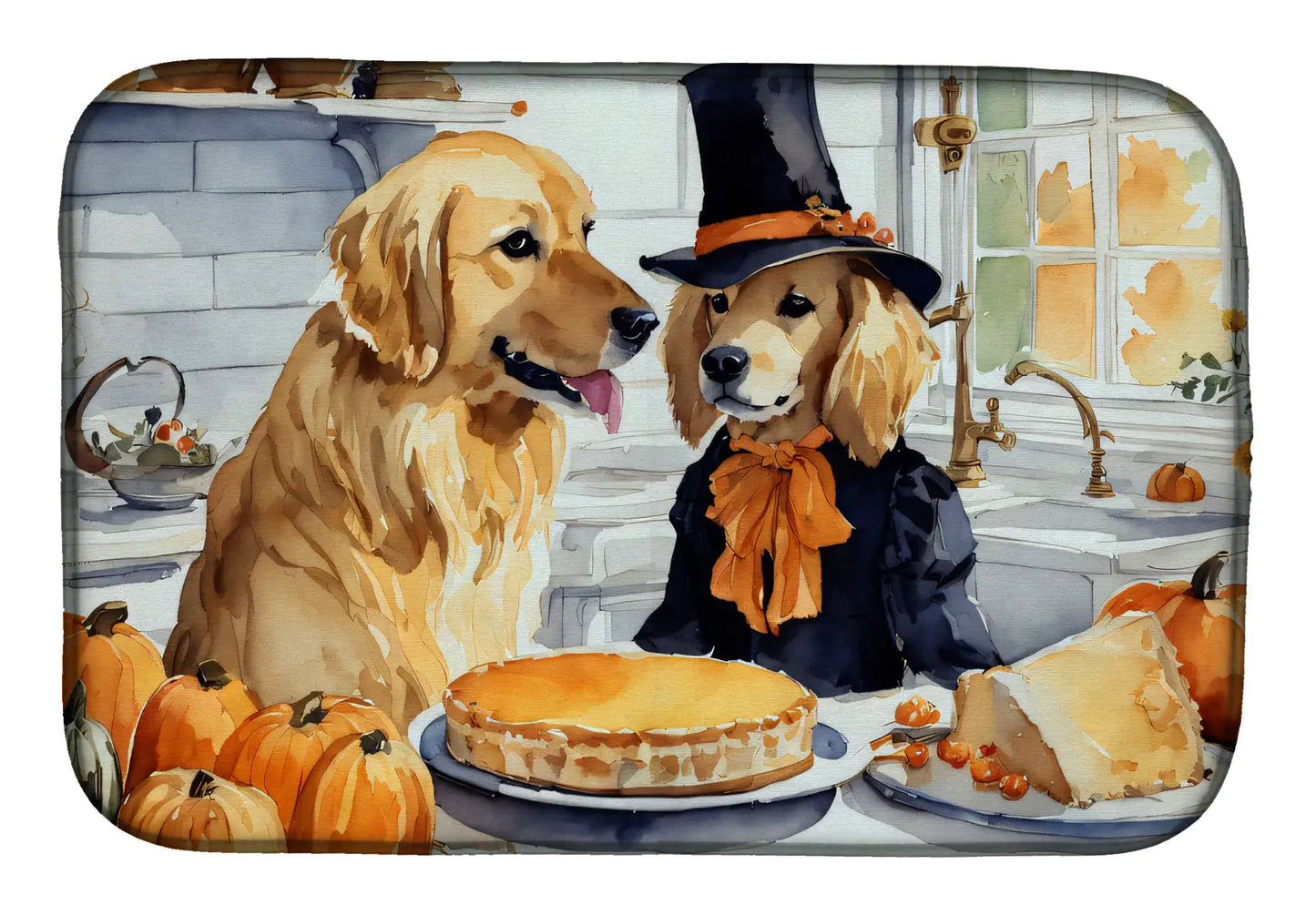 Golden Retriever Fall Kitchen Pumpkins Dish Drying Mat