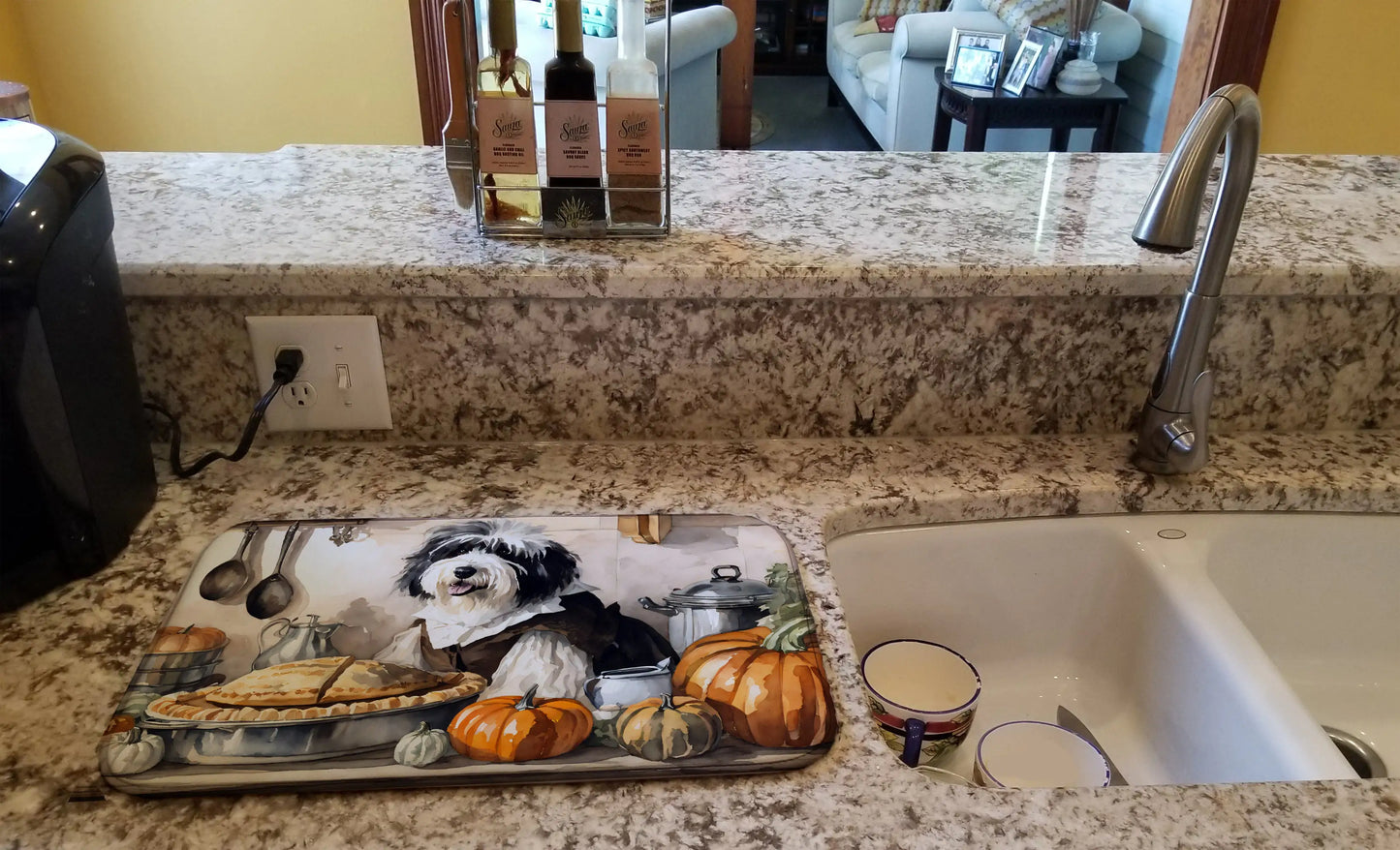 Old English Sheepdog Fall Kitchen Pumpkins Dish Drying Mat
