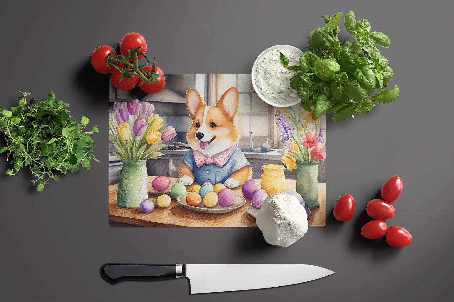 Decorating Easter Corgi Glass Cutting Board