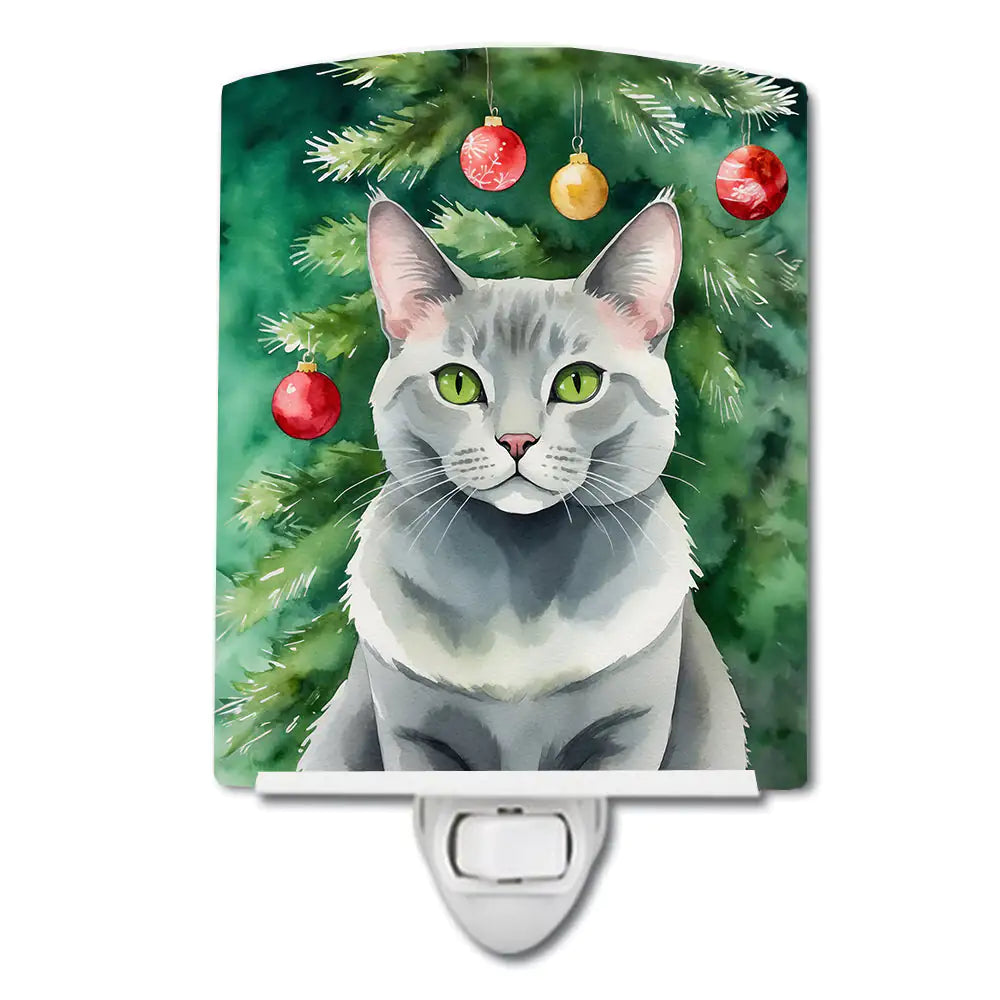 Korat Cat By the Christmas Tree Ceramic Night Light