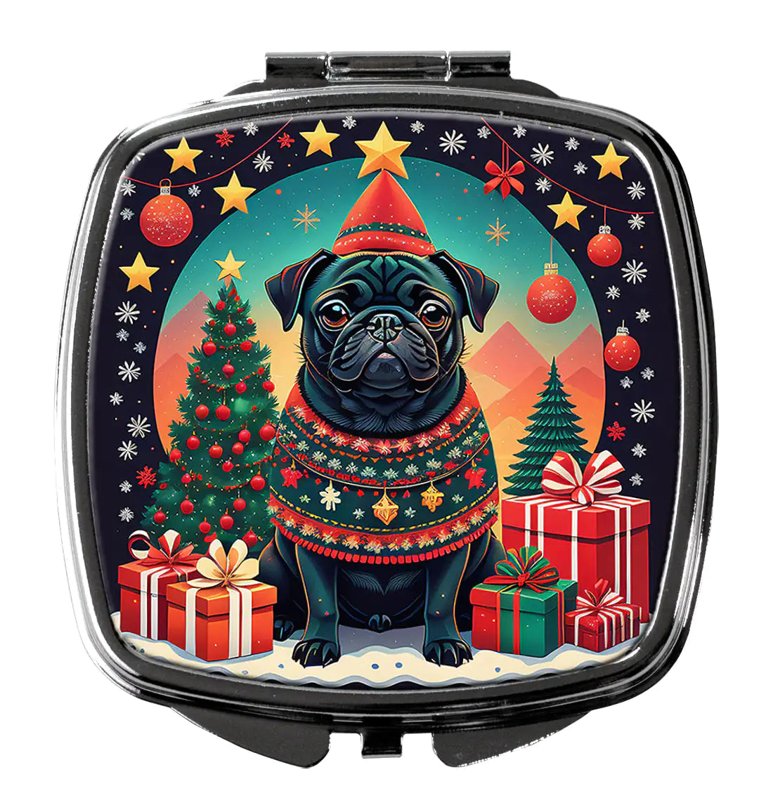 Black Pug Christmas Compact Mirror