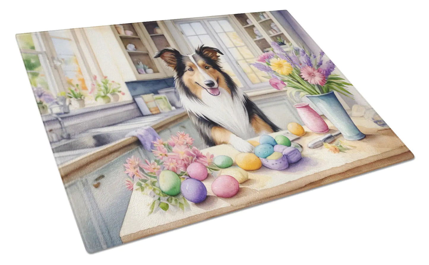 Decorating Easter Collie Glass Cutting Board