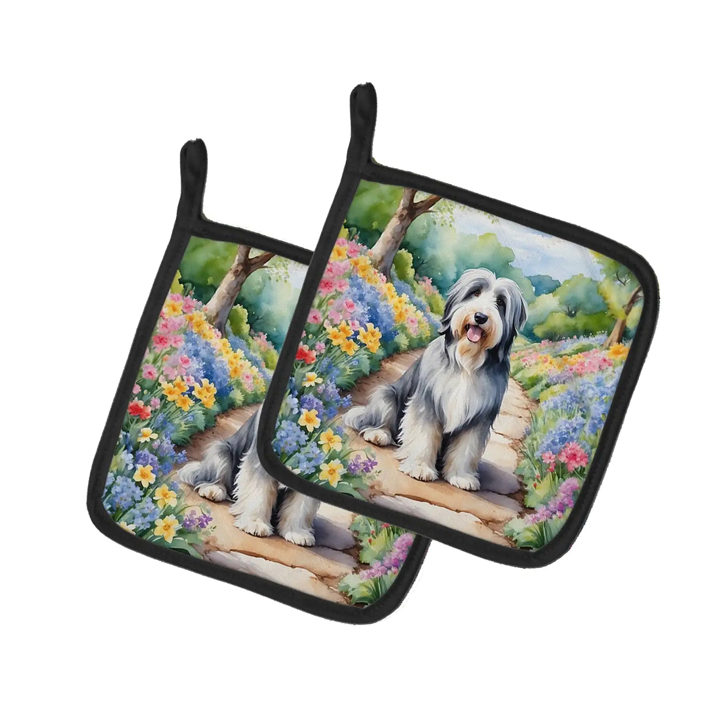Bearded Collie Spring Garden Pair of Pot Holders