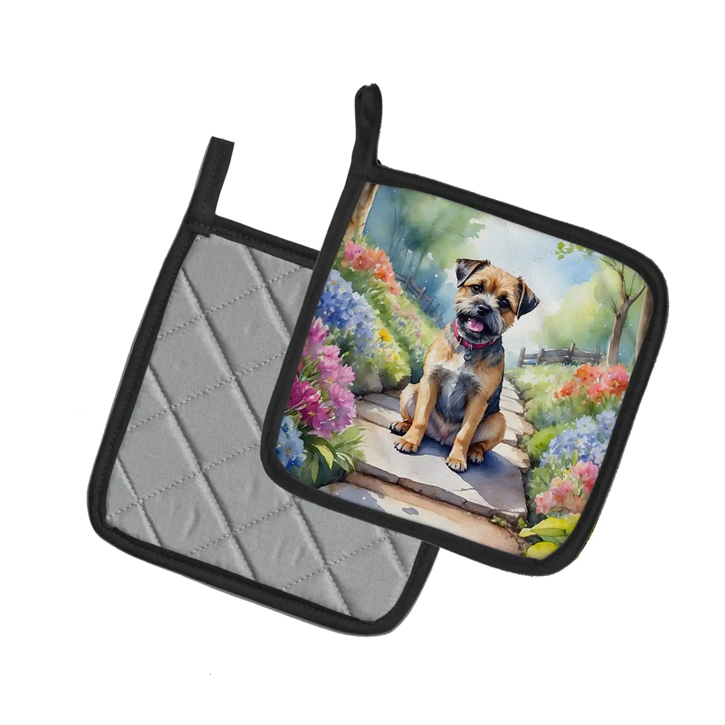 Border Terrier Spring Path Pair of Pot Holders