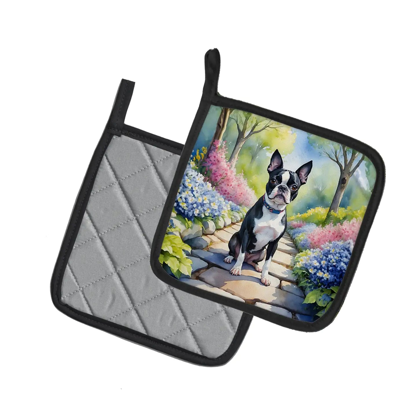 Boston Terrier Spring Path Pair of Pot Holders