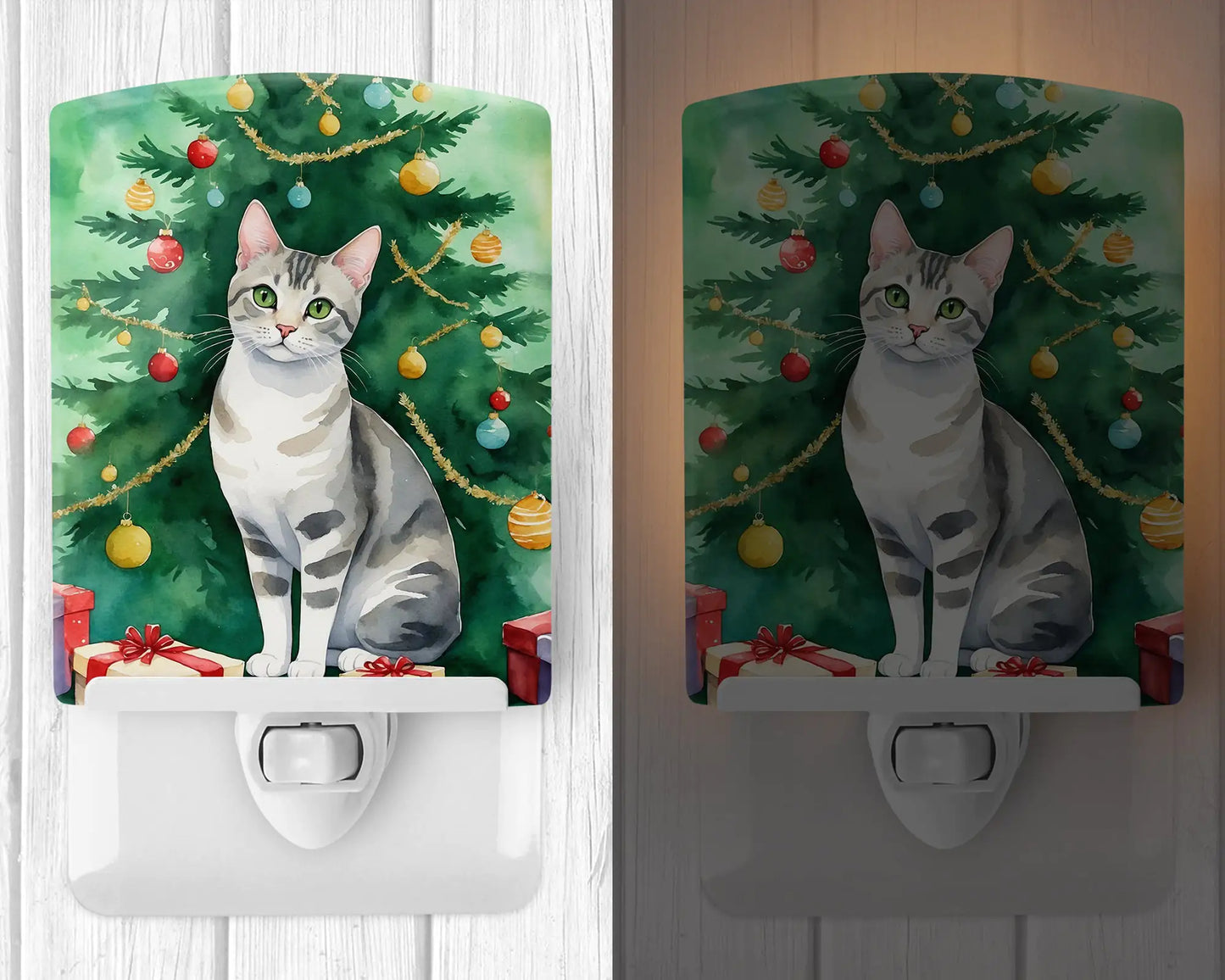 European Shorthair Cat By the Christmas Tree Ceramic Night Light
