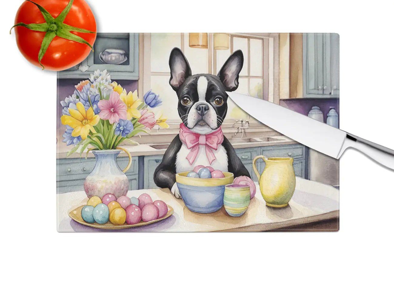 Decorating Easter Boston Terrier Glass Cutting Board