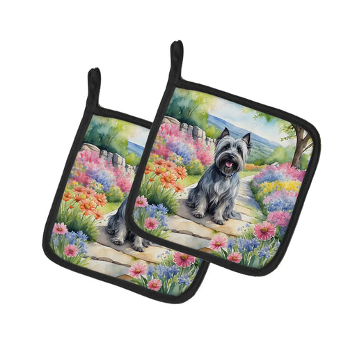 Skye Terrier Spring Path Pair of Pot Holders