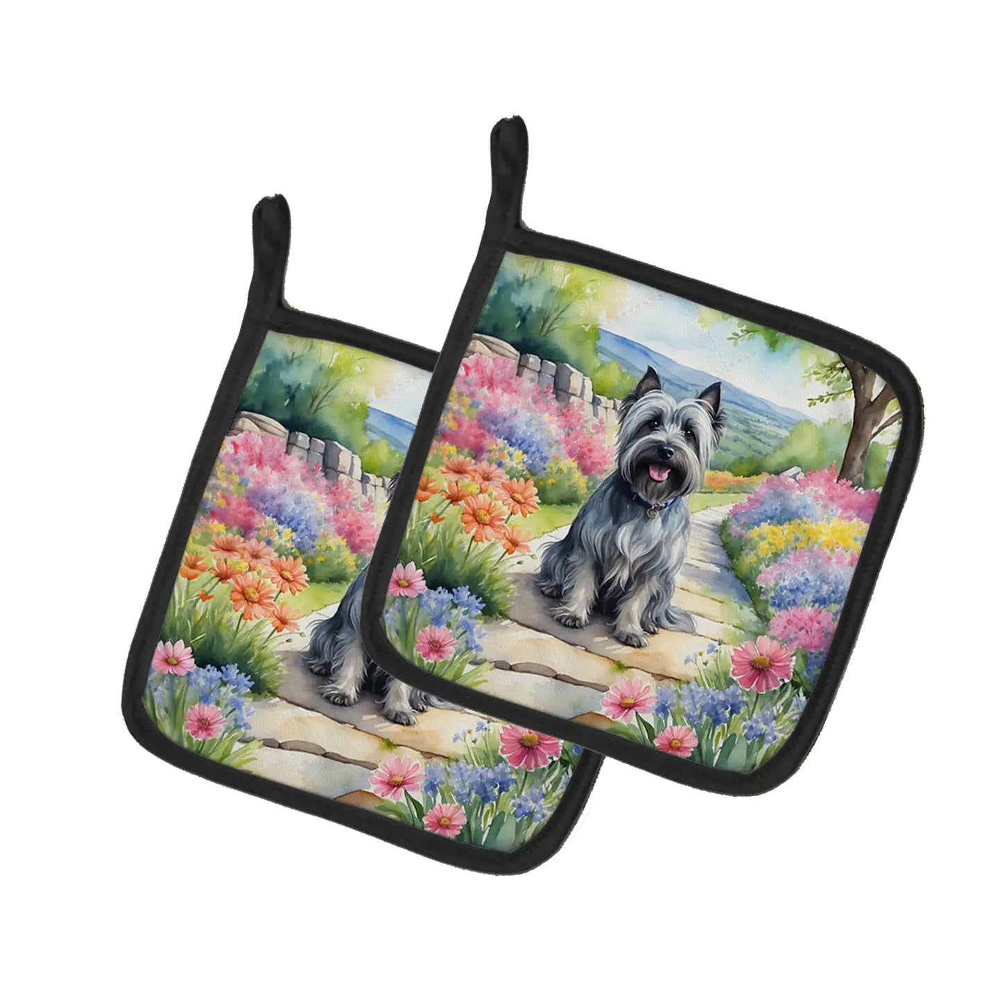 Skye Terrier Spring Path Pair of Pot Holders