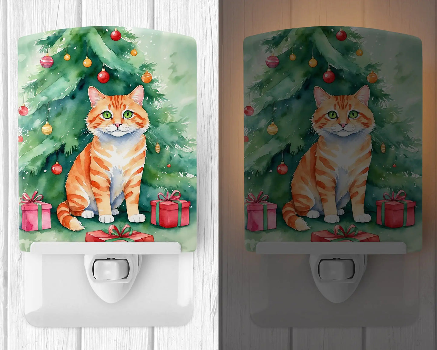 Cheetoh Cat By the Christmas Tree Ceramic Night Light
