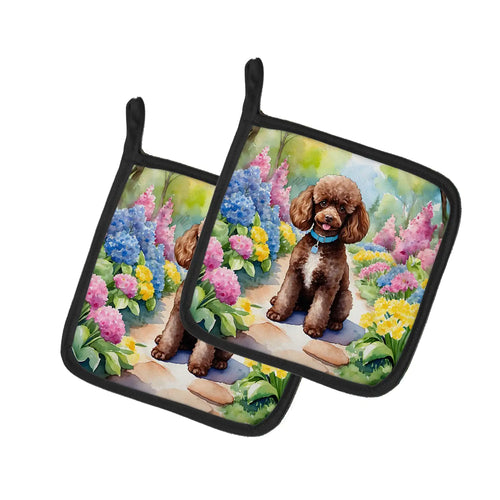 Chocolate Poodle Spring Path Pair of Pot Holders