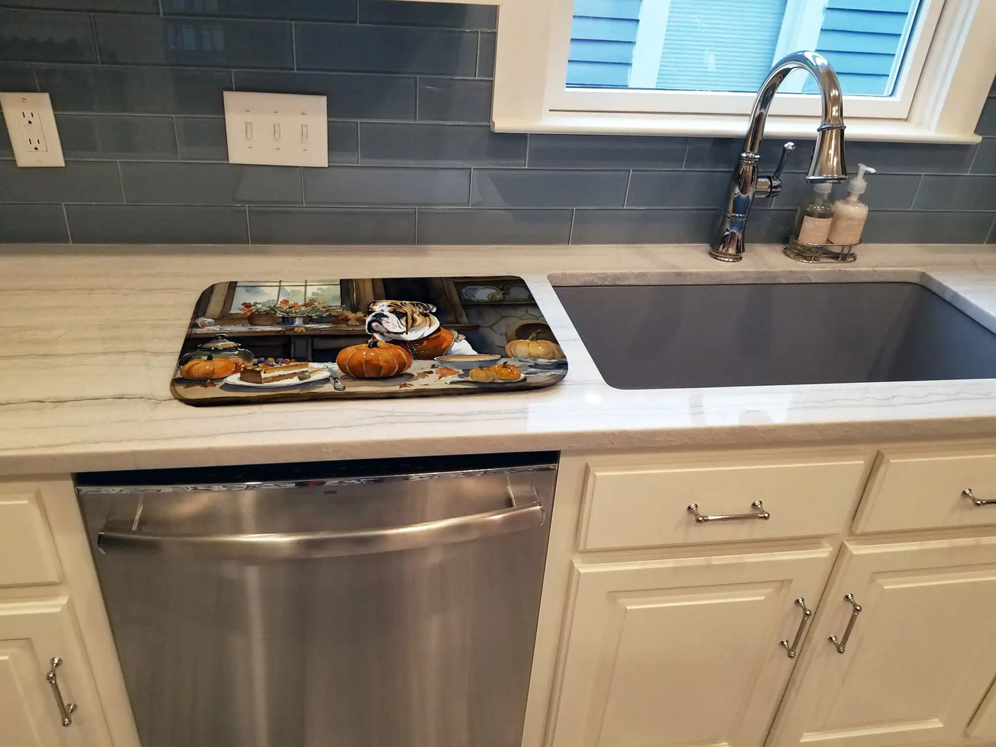 English Bulldog Fall Kitchen Pumpkins Dish Drying Mat