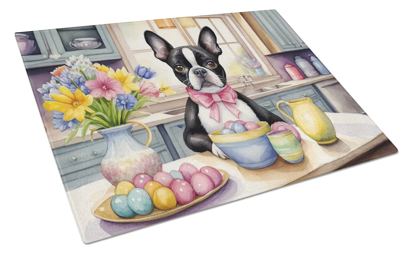 Decorating Easter Boston Terrier Glass Cutting Board