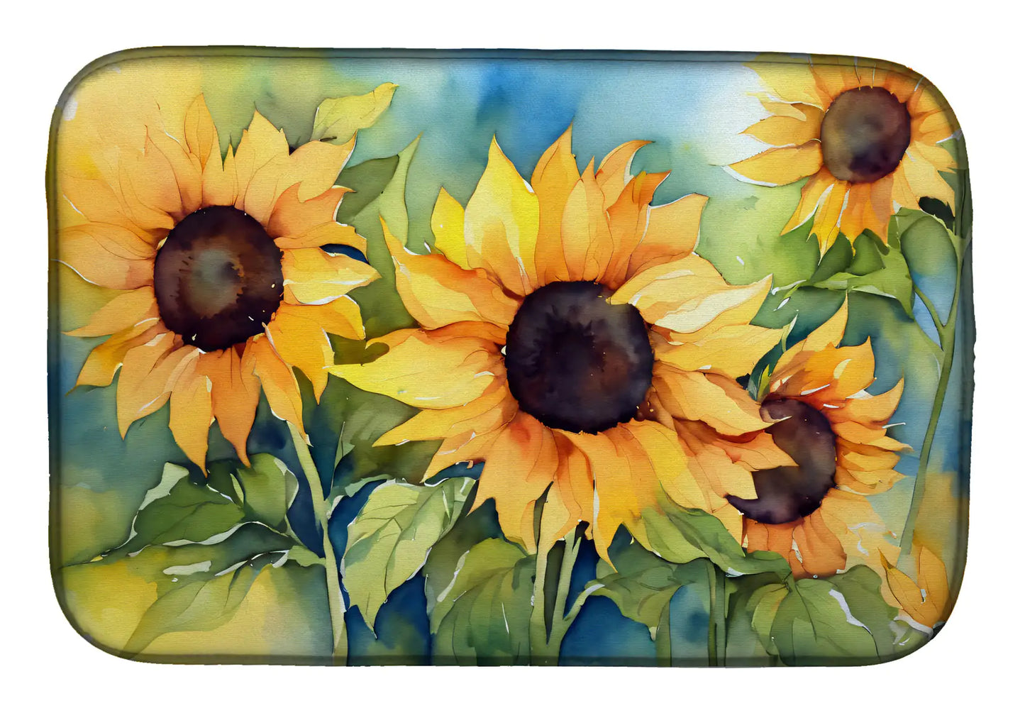 Sunflowers in Watercolor Dish Drying Mat