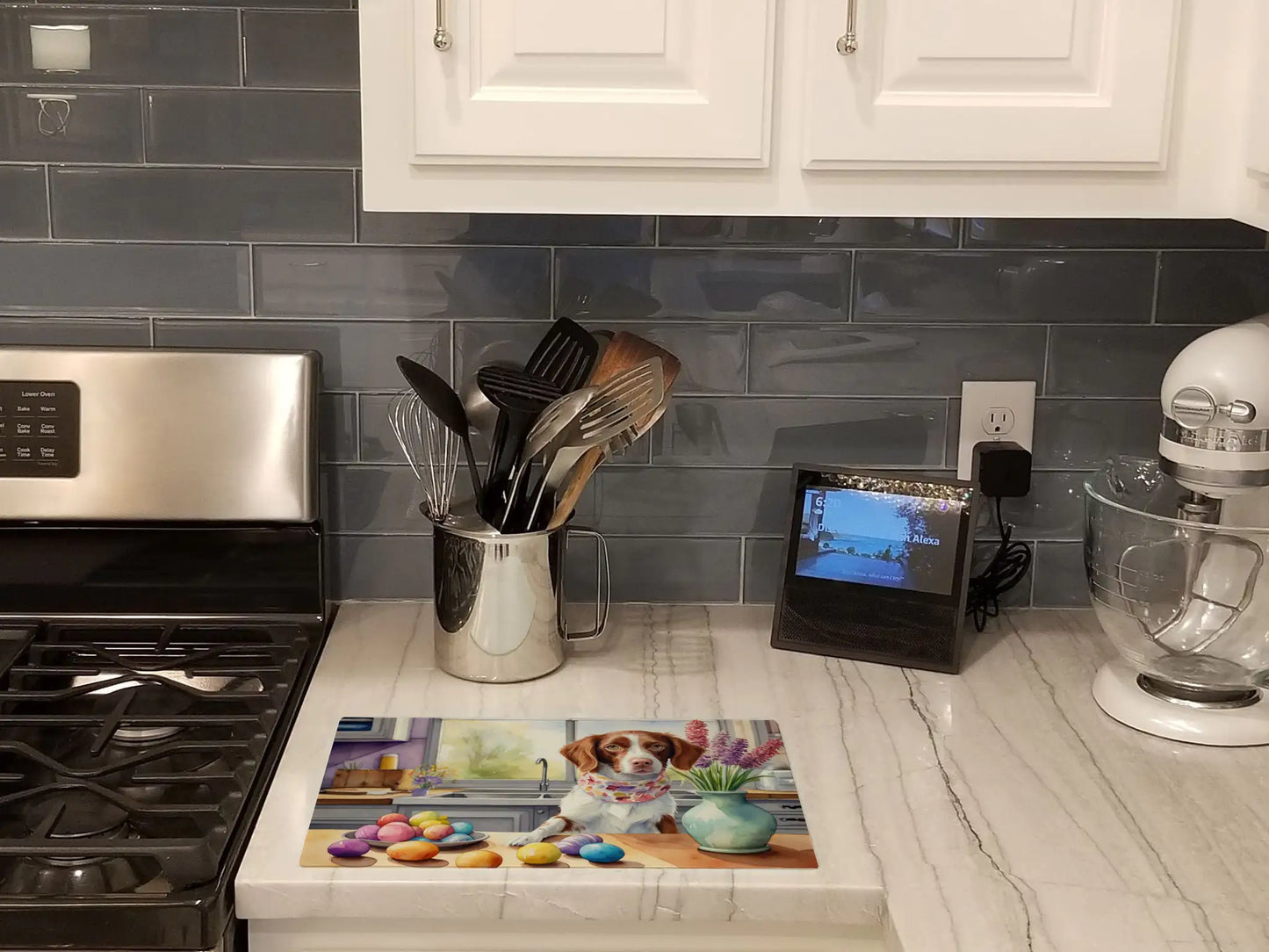 Decorating Easter Brittany Spaniel Glass Cutting Board