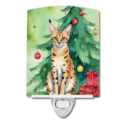 Serengeti Cat By the Christmas Tree Ceramic Night Light