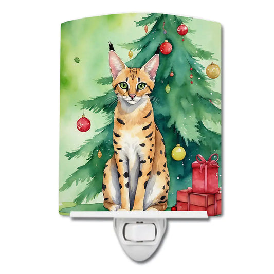 Serengeti Cat By the Christmas Tree Ceramic Night Light