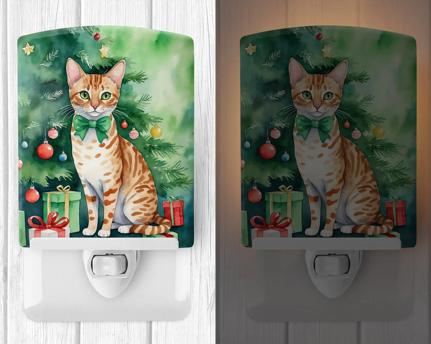 Ocicat Cat By the Christmas Tree Ceramic Night Light