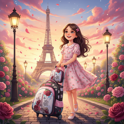 Pink Paris-themed children's trolley backpack set (3-piece) with Eiffel graphic