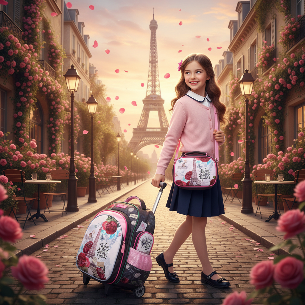 Three-piece trolley school bag set in pink and white with animal graphic and matching pouch
