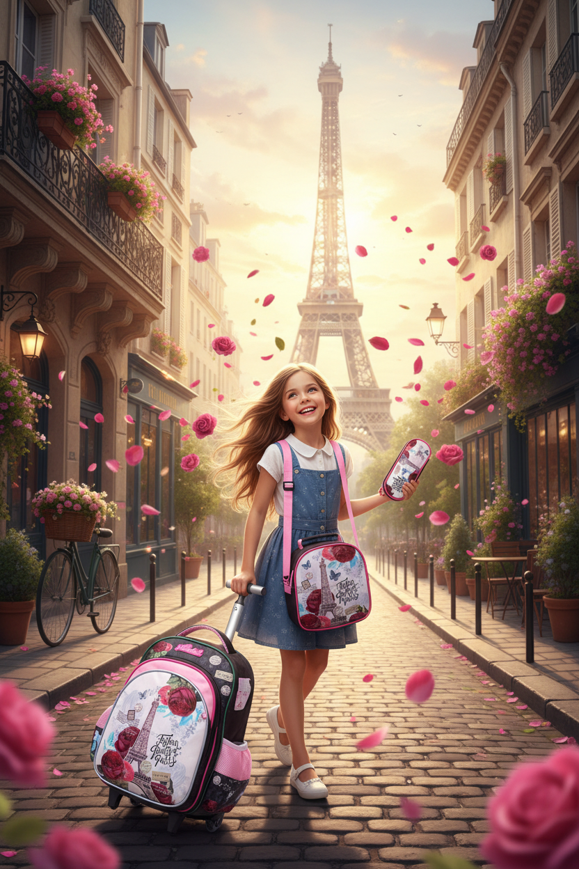 Pink Paris-themed children's trolley backpack set (3-piece) with Eiffel Tower illustration