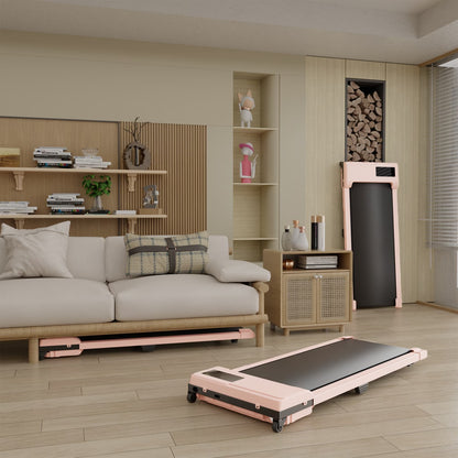 Pink portable walking pad treadmill placed on the floor in a living room
