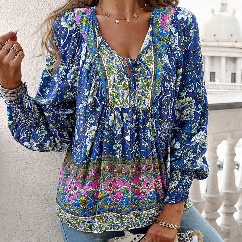Women's Boho Chic Long Sleeve Blouse Floral Print V-Neck Top With Lace-Up & Drawstring Detail Elegant Vacation Shirt