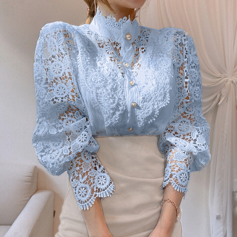 Elegant Women's Vintage Pearl Button Lace Blouse - Puff Sleeve Semi-Sheer Ruffled Stand Collar Shirt