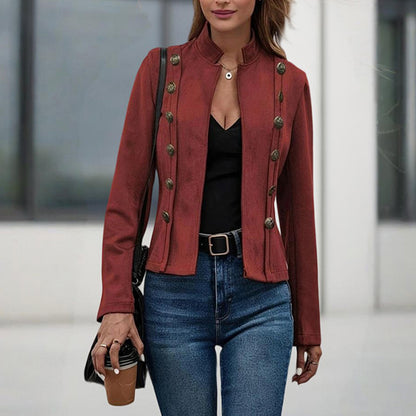 Women's Stand Collar Double-Breasted Jacket - Solid Color Long Sleeve Streetwear Coat Lightweight