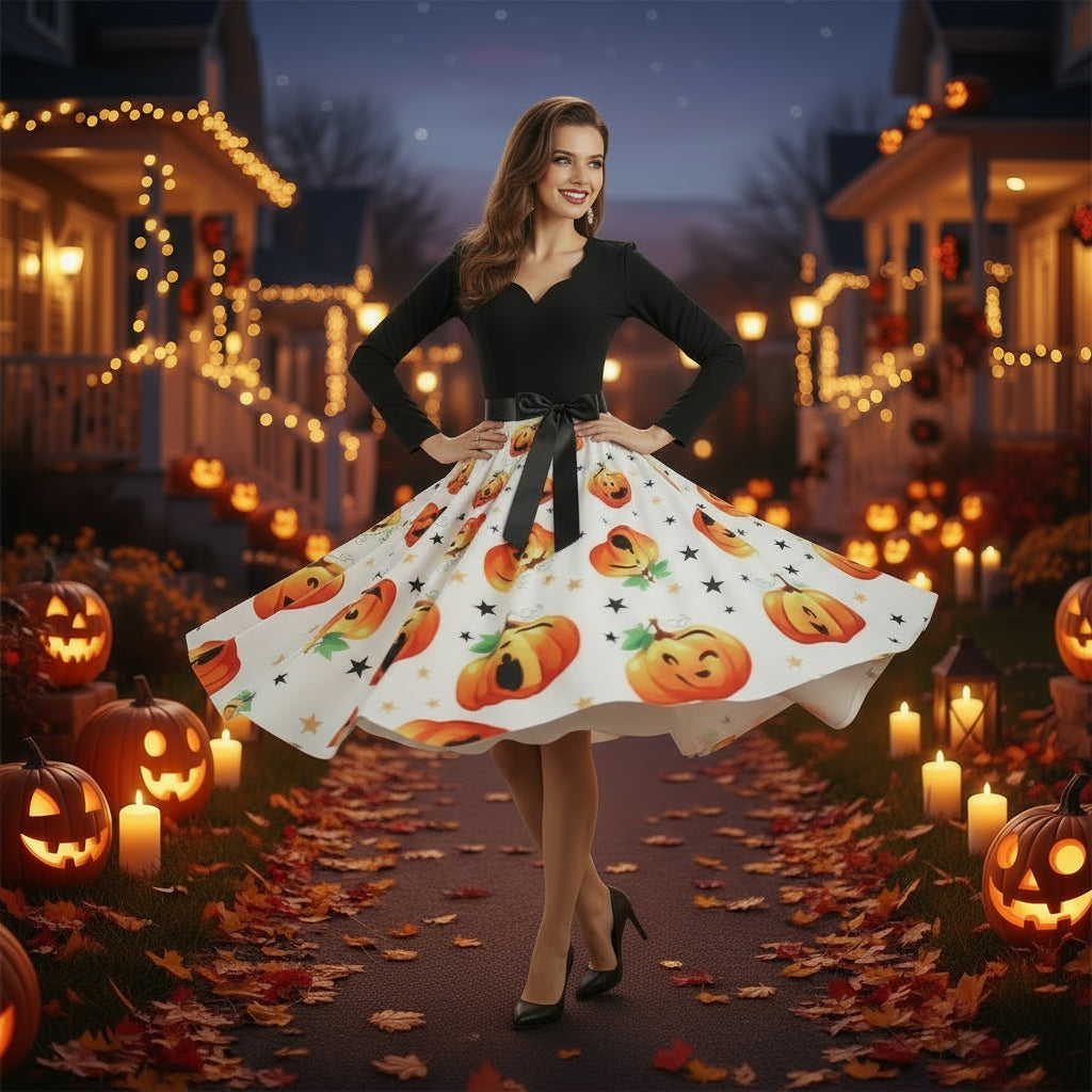 Halloween Burnt Flower V-neck Long-sleeved Sexy Print Big Swing Dress
