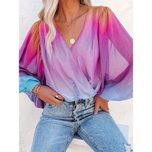 Women's v-neck crossover chiffon top in purple-pink to light blue gradient, long puff sleeves