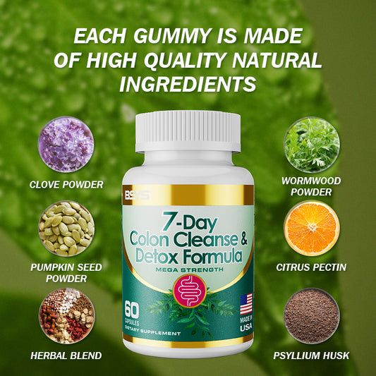 Colon cleanse supplement bottle with white ribbed cap and green-gold label