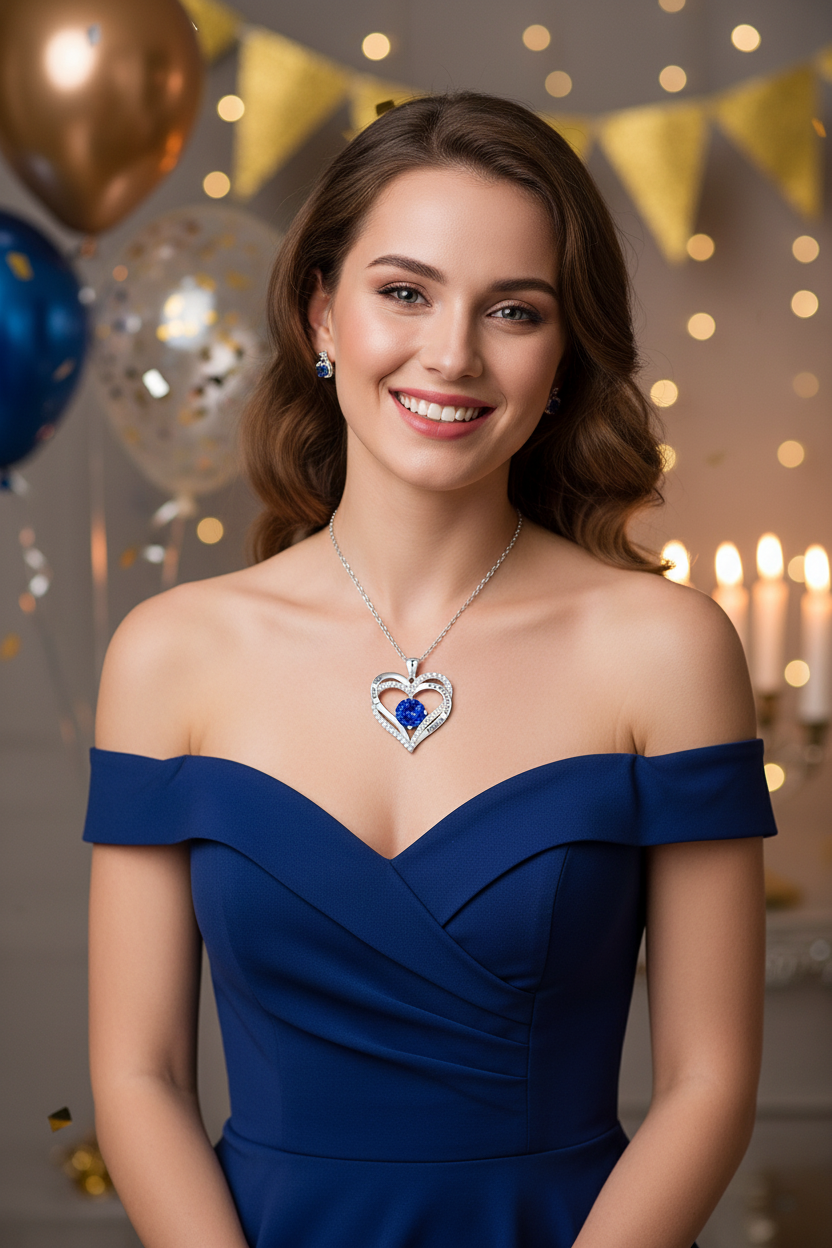 Silver heart pendant necklace with blue gemstone center on a fine chain