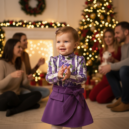 Toddler Girl Purple Rose Print Outfit, Spring Fall Stripe Top With Belt Skirts Set Holiday Going Out Clothes
