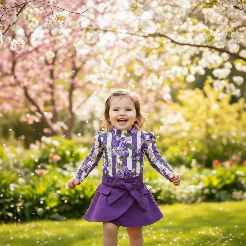 Toddler Girl Purple Rose Print Outfit, Spring Fall Stripe Top With Belt Skirts Set Holiday Going Out Clothes