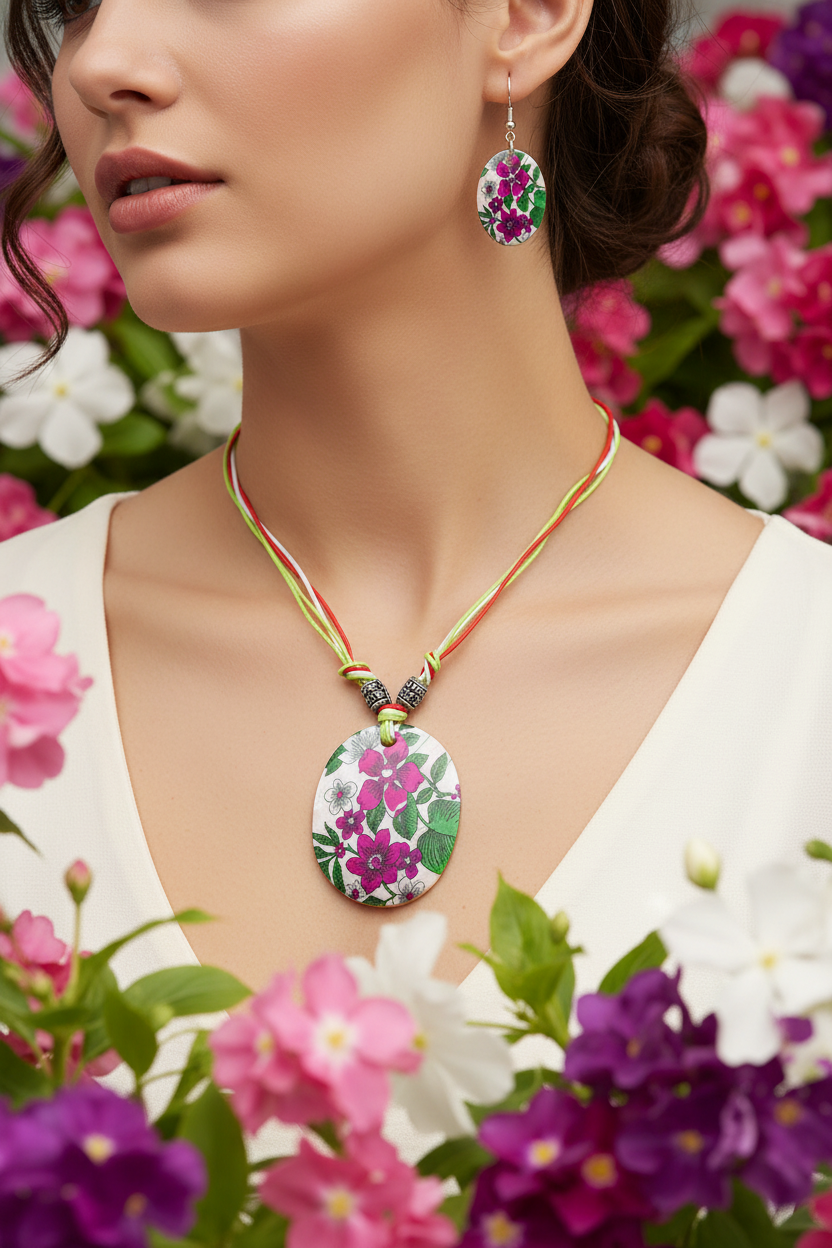 Butterfly shell pendant necklace with purple floral drop earrings matching set