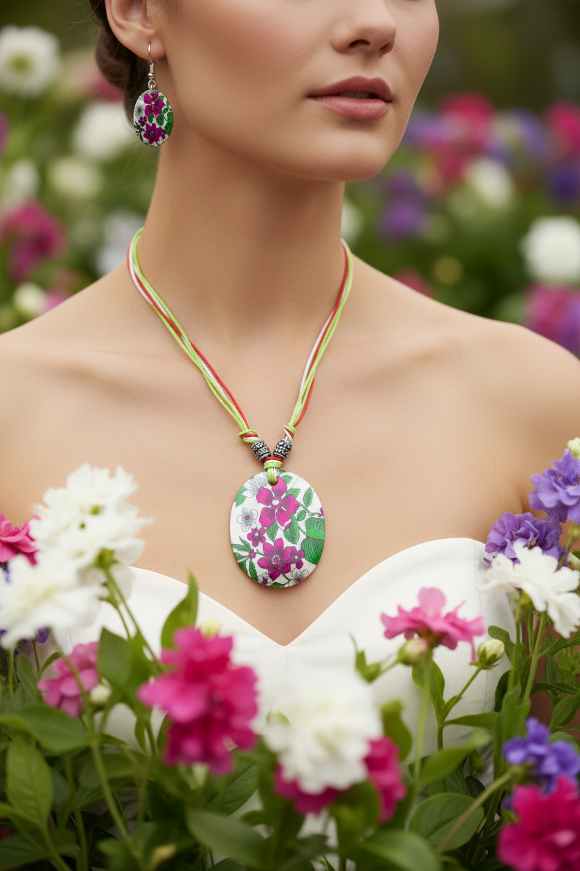 Shell jewelry set with pink floral oval pendant and matching drop earrings