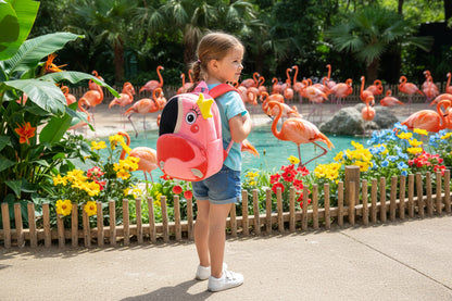 Flamingo plush backpack with pink face and beak design