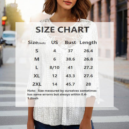 Women's Round Neck Lace Trim Semi-Sheer Blouse - Sexy Half Sleeve Hollow Out Top For Spring&Summer